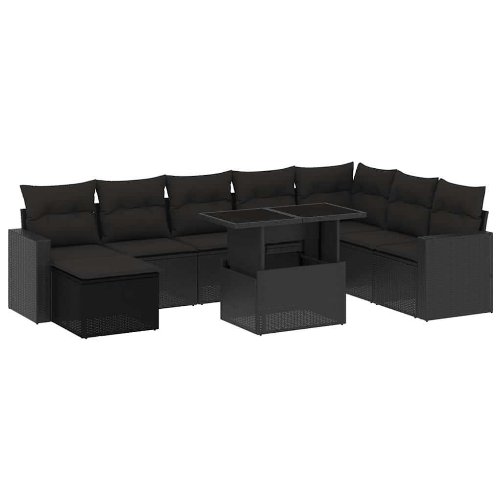 9 részes fekete polyrattan kerti ülőgarnitúra párnákkal