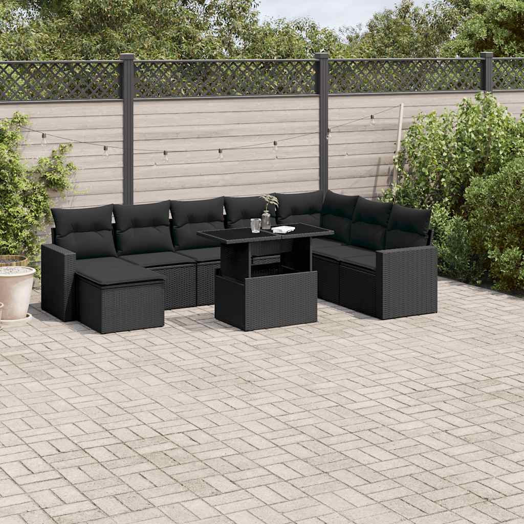 9 részes fekete polyrattan kerti ülőgarnitúra párnákkal