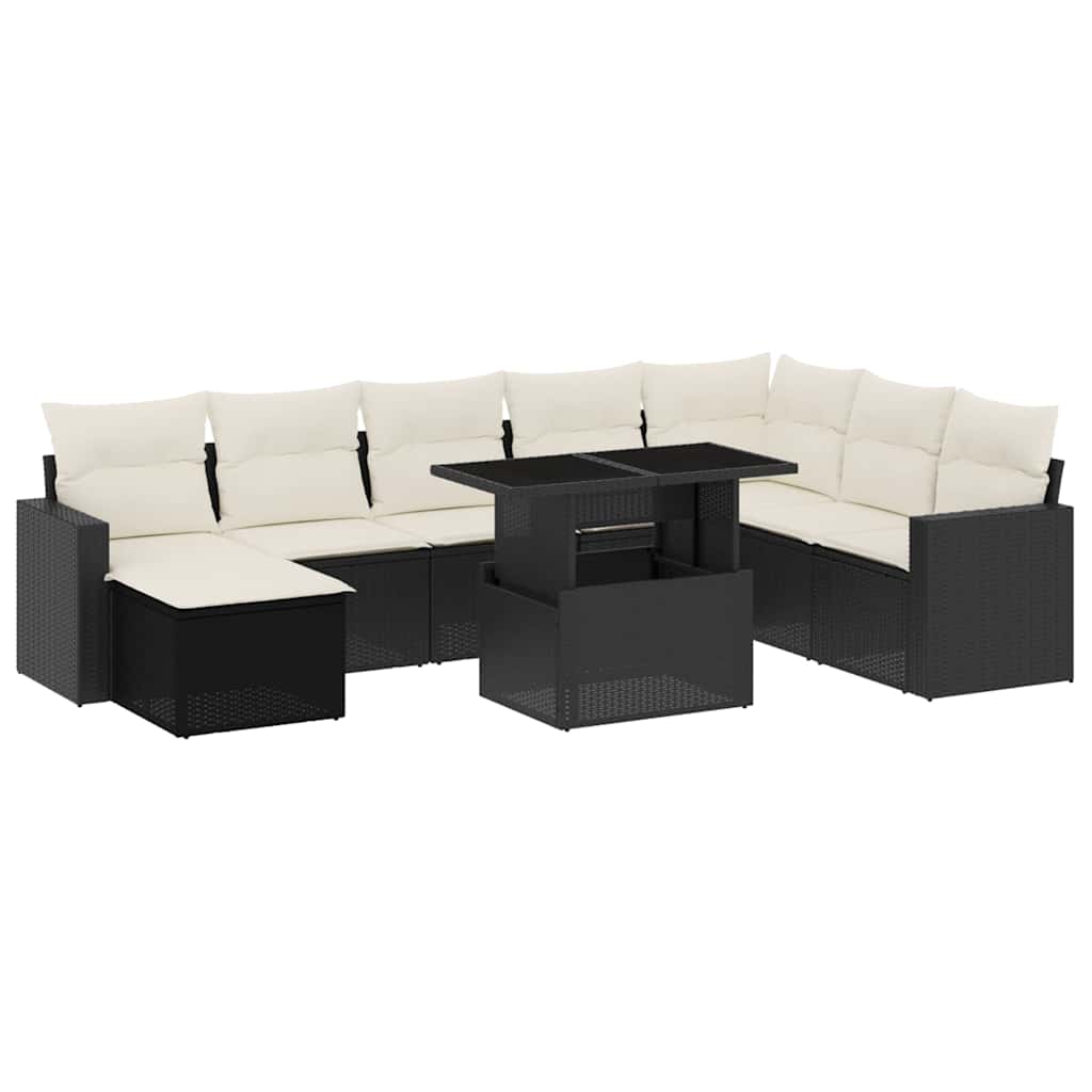 9 részes fekete polyrattan kerti ülőgarnitúra párnákkal