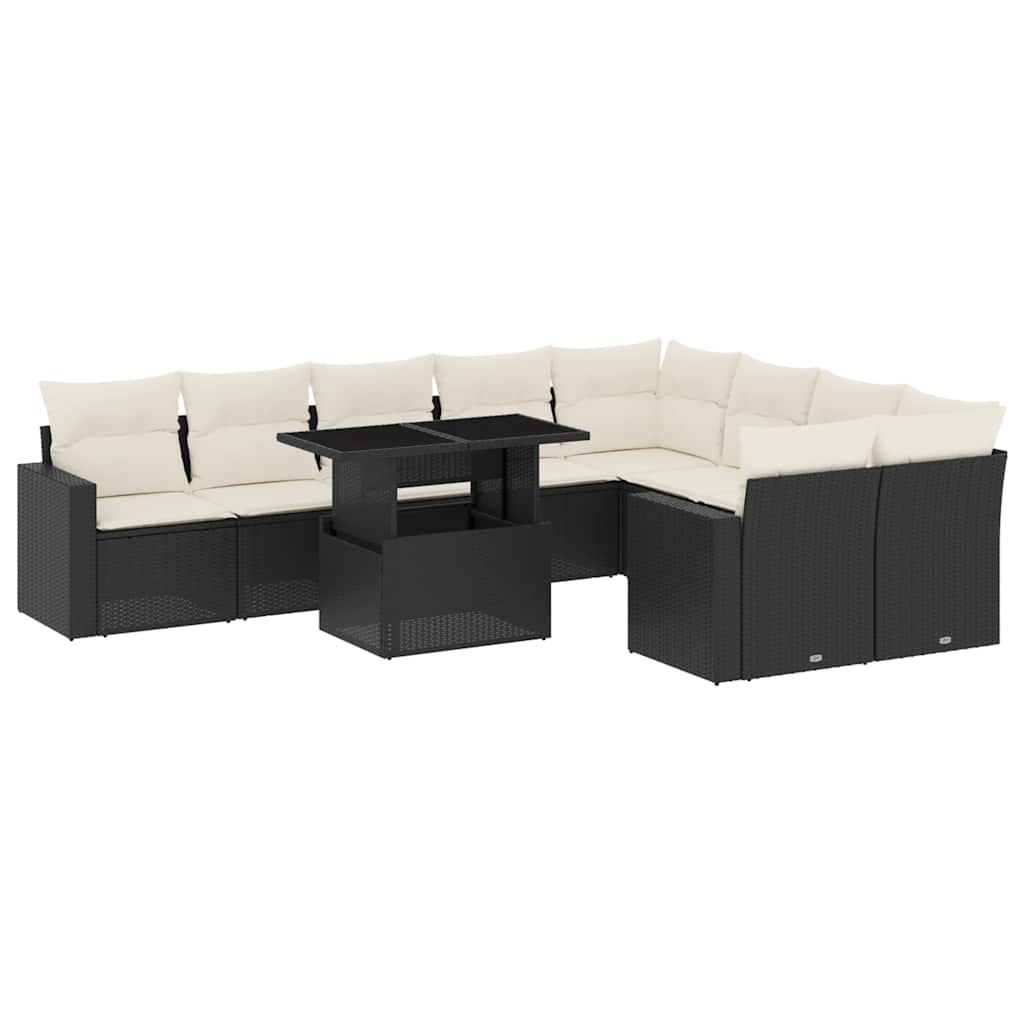 10 részes fekete polyrattan kerti ülőgarnitúra párnákkal