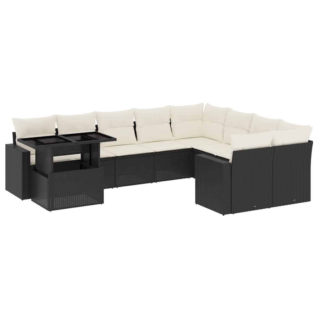 10 részes fekete polyrattan kerti ülőgarnitúra párnákkal