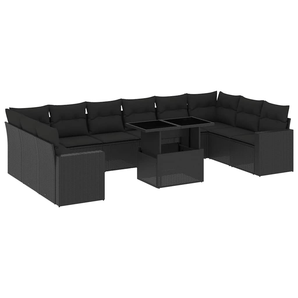 11 részes fekete polyrattan kerti ülőgarnitúra párnákkal