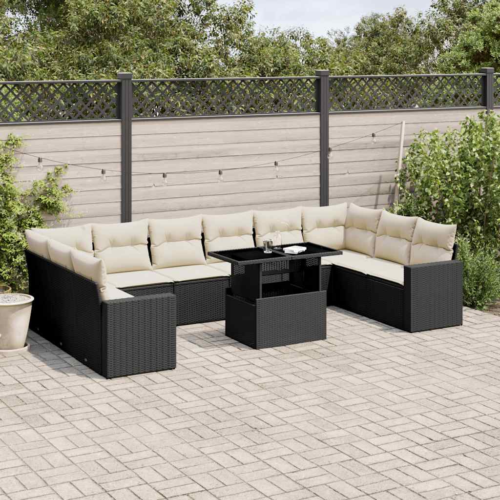 11 részes fekete polyrattan kerti ülőgarnitúra párnákkal