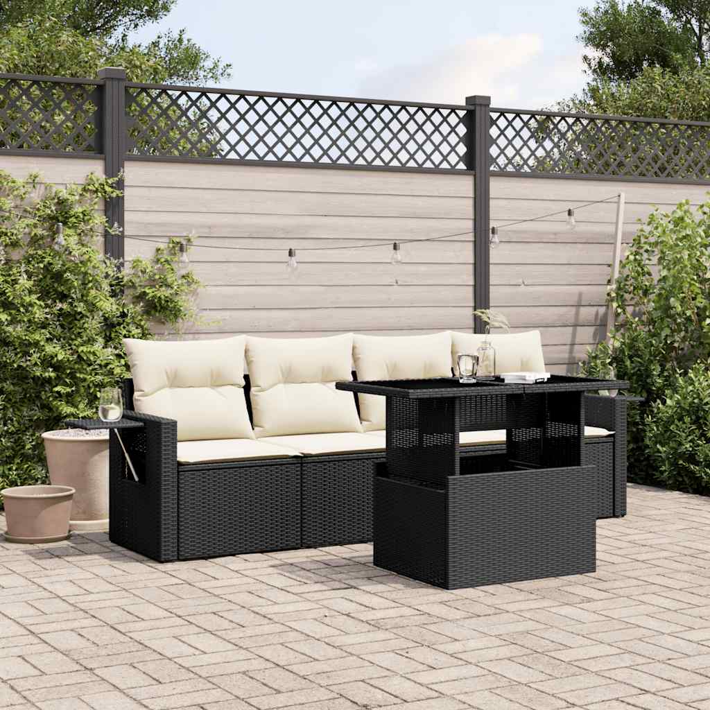 5 részes fekete polyrattan kerti kanapészett párnákkal