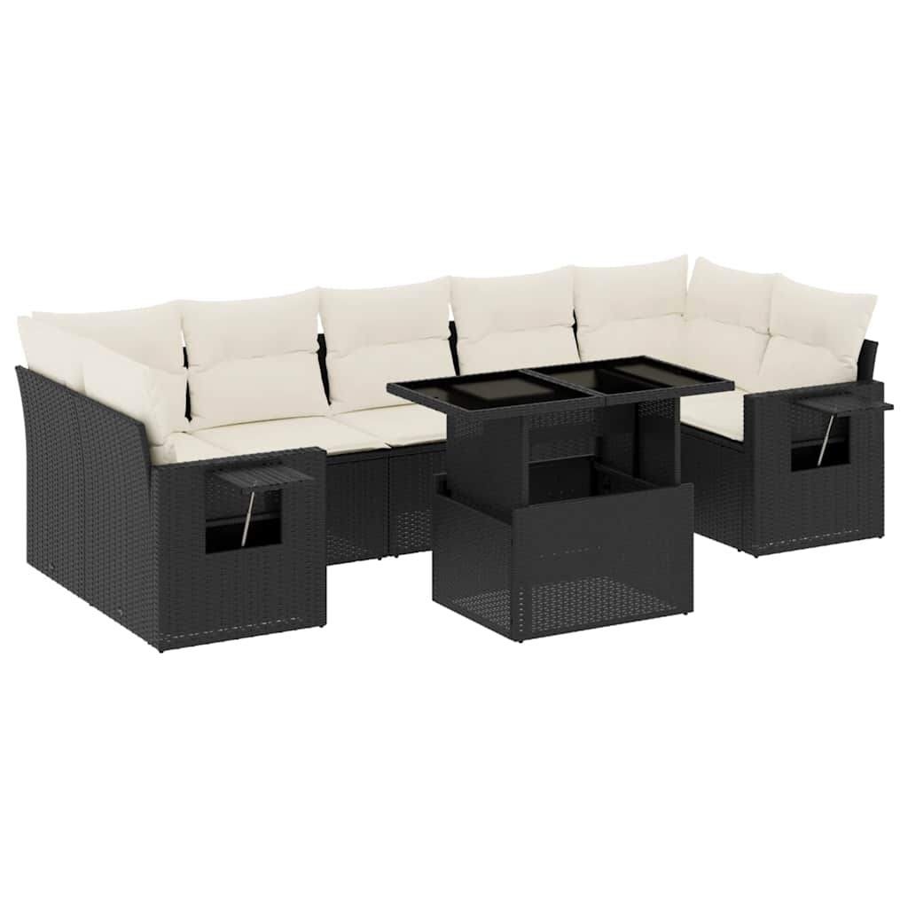 8 részes fekete polyrattan kerti ülőgarnitúra párnákkal