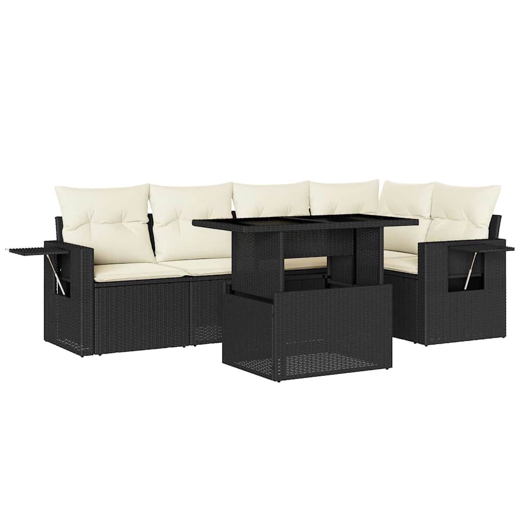 6 részes fekete polyrattan kerti ülőgarnitúra párnákkal