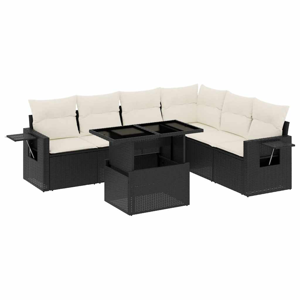 7 részes fekete polyrattan kerti ülőgarnitúra párnával