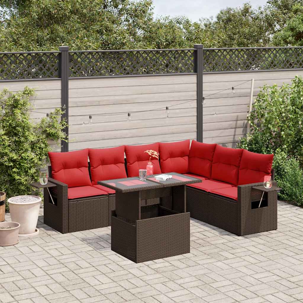 7 db barna polyrattan kerti kanapégarnitúra párnákkal