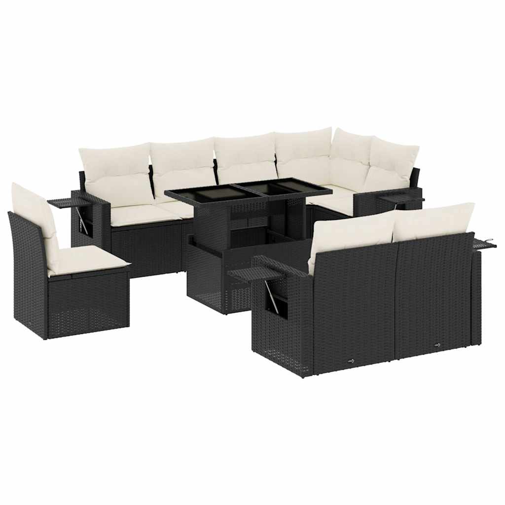 9 részes fekete polyrattan kerti ülőgarnitúra párnákkal