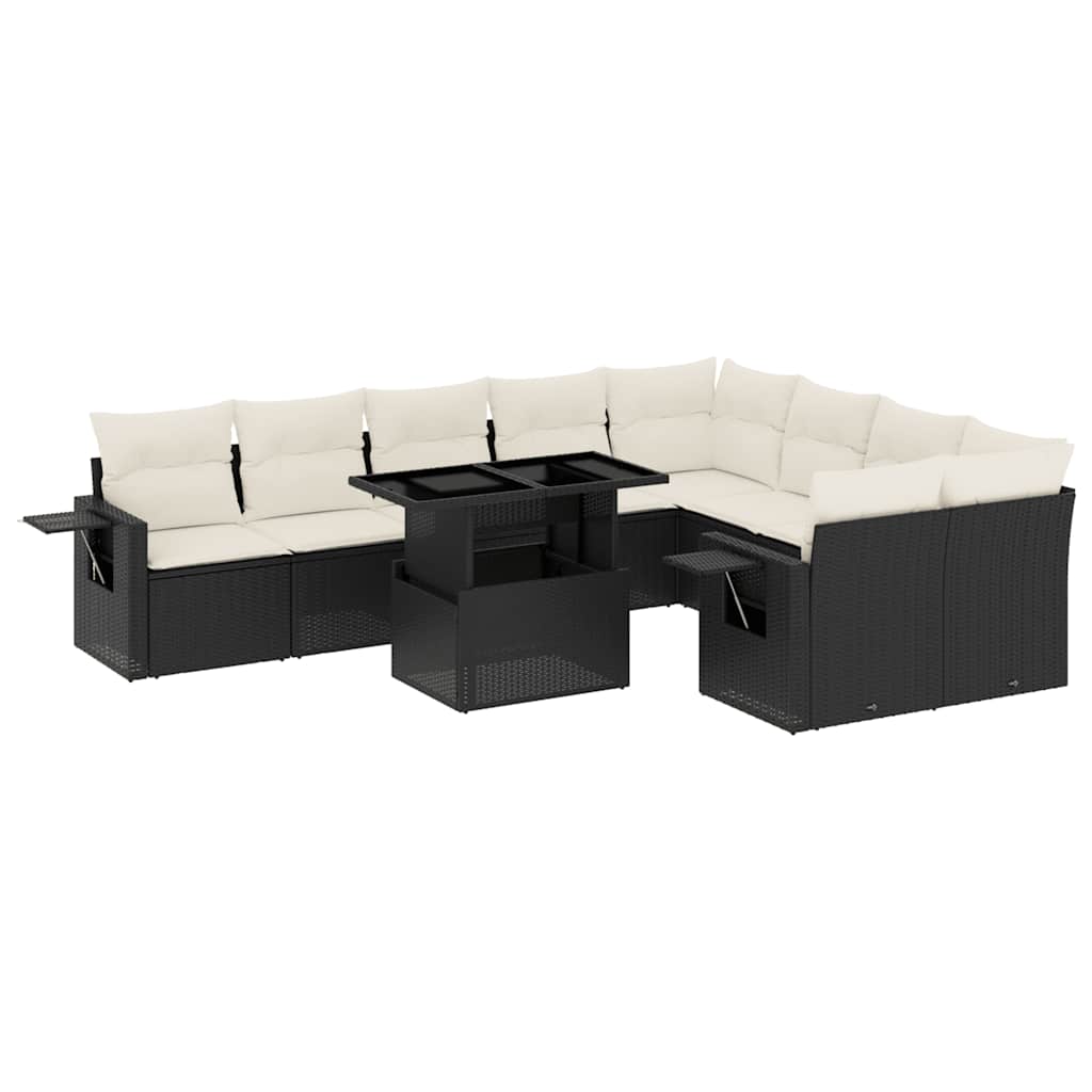 10 részes fekete polyrattan kerti ülőgarnitúra párnákkal