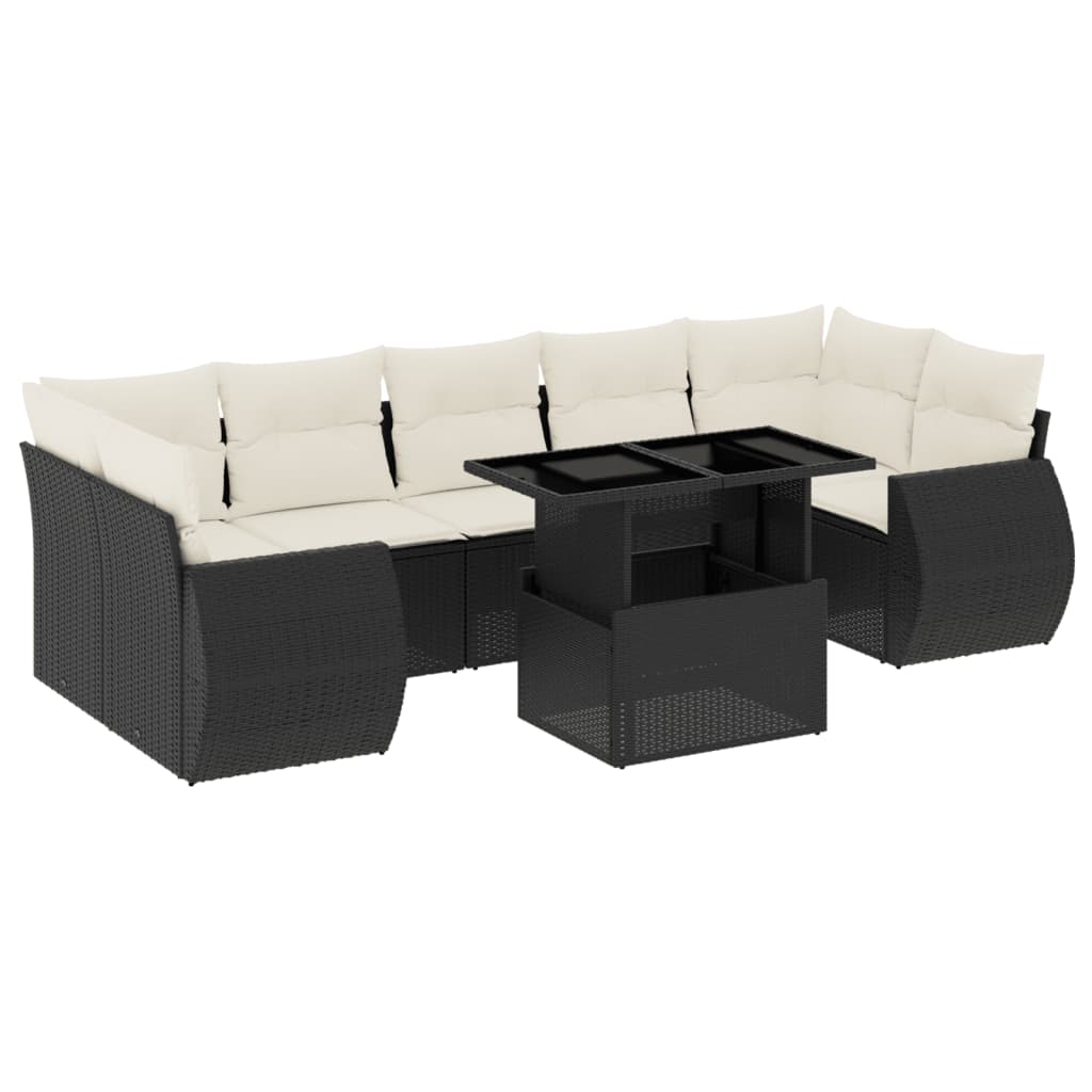 8 részes fekete polyrattan kerti ülőgarnitúra párnákkal