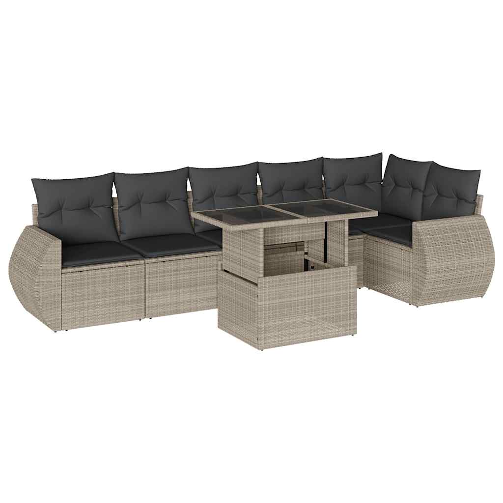 7 részes világosszürke polyrattan kerti ülőgarnitúra párnákkal