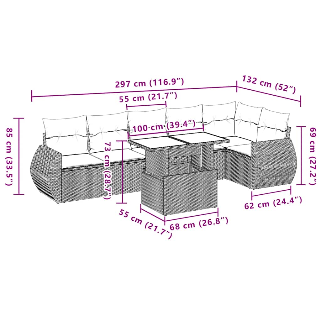7 részes világosszürke polyrattan kerti ülőgarnitúra párnákkal