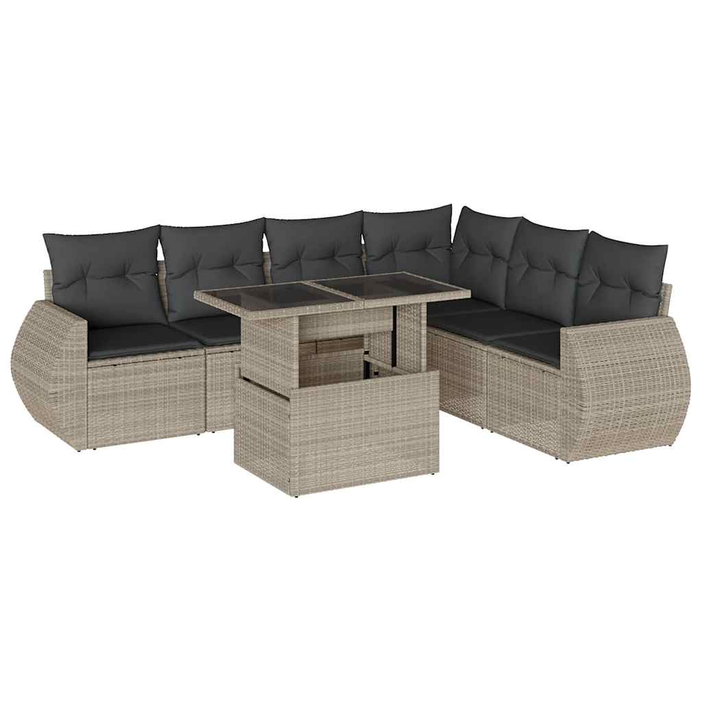 7 részes világosszürke polyrattan kerti ülőgarnitúra párnákkal
