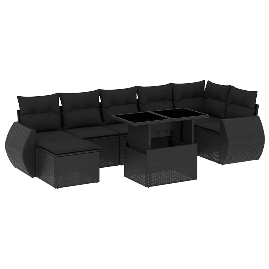 8 részes fekete polyrattan kerti ülőgarnitúra párnákkal