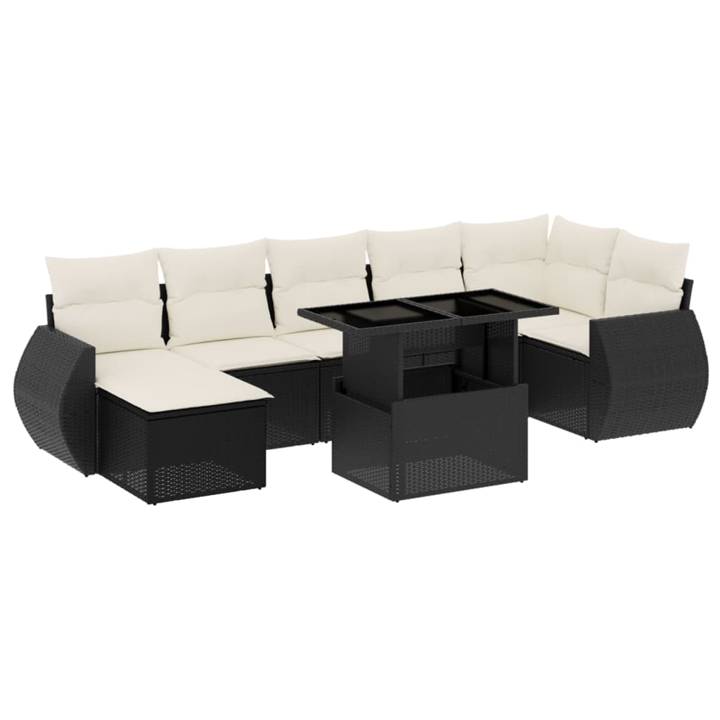 8 részes fekete polyrattan kerti ülőgarnitúra párnákkal
