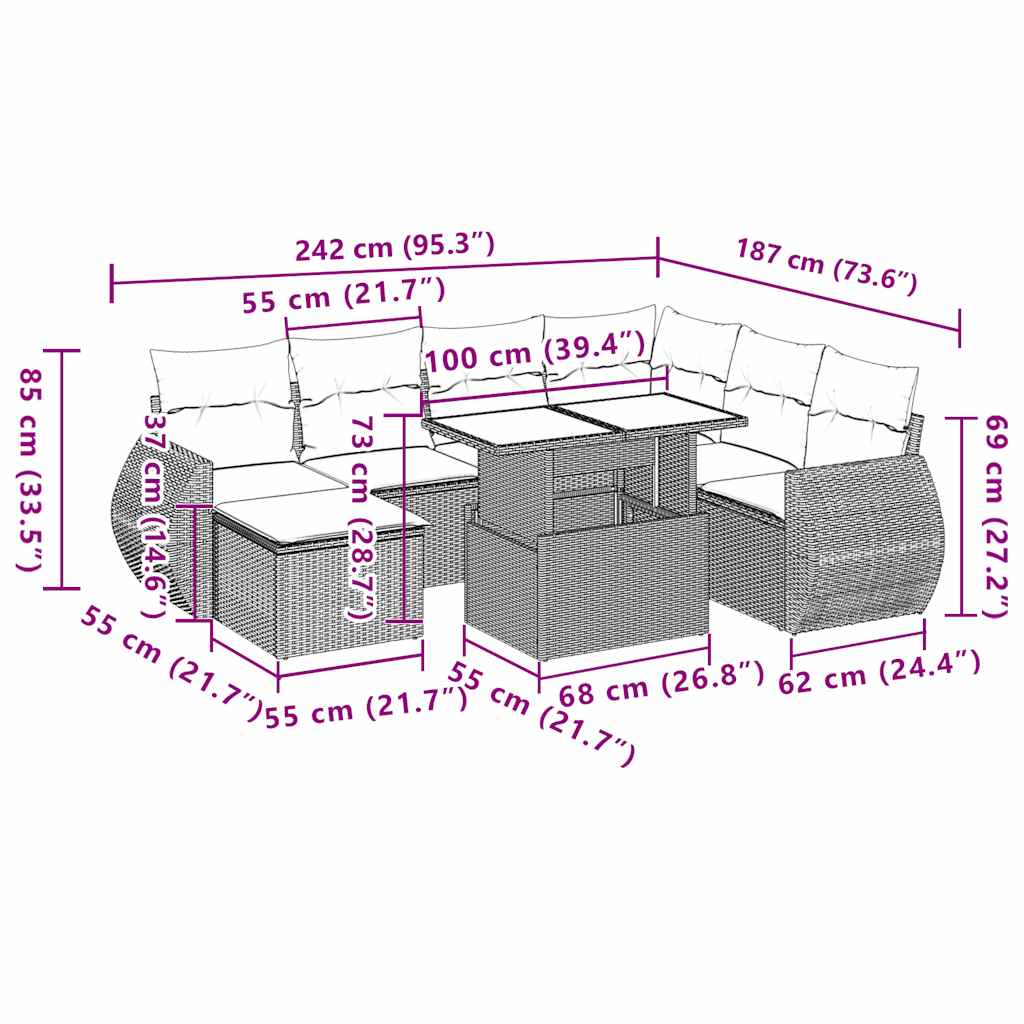 8 részes világosszürke polyrattan kerti ülőgarnitúra párnával