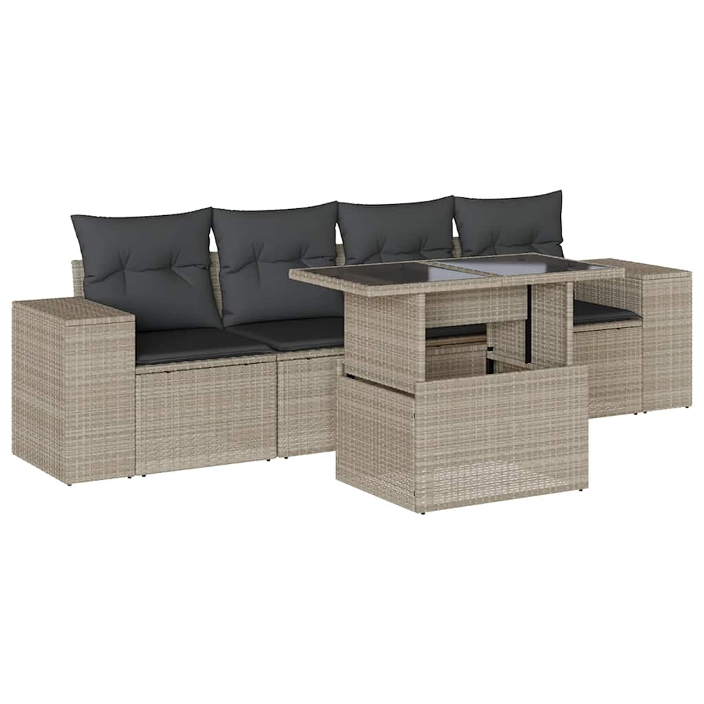 5 részes világosszürke polyrattan kerti ülőgarnitúra párnákkal