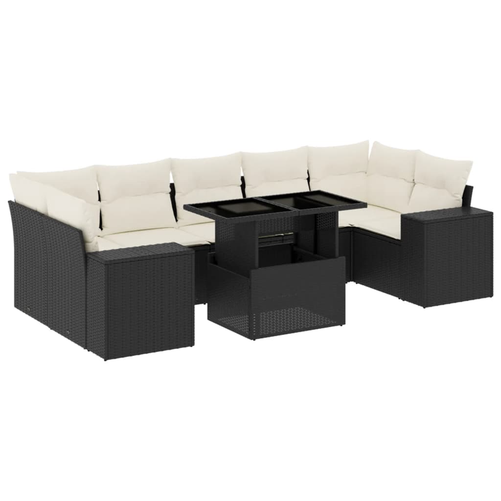 8 részes fekete polyrattan kerti ülőgarnitúra párnákkal