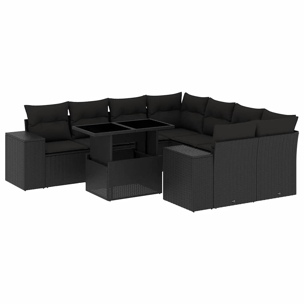 9 részes fekete polyrattan kerti ülőgarnitúra párnákkal