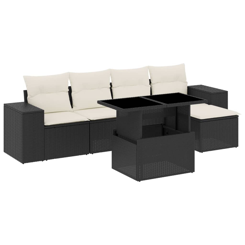 6 részes fekete polyrattan kerti ülőgarnitúra párnákkal