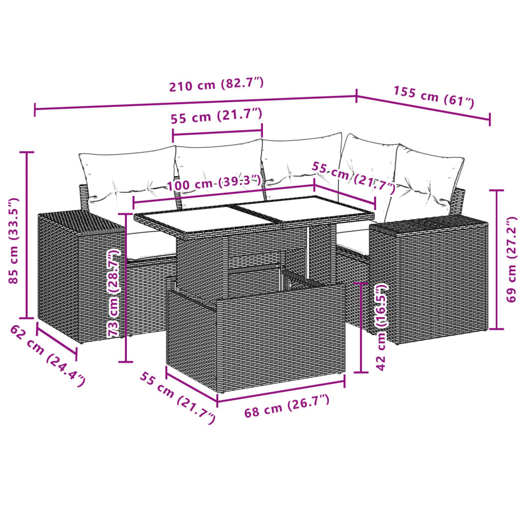 5 részes szürke polyrattan kerti ülőgarnitúra párnákkal