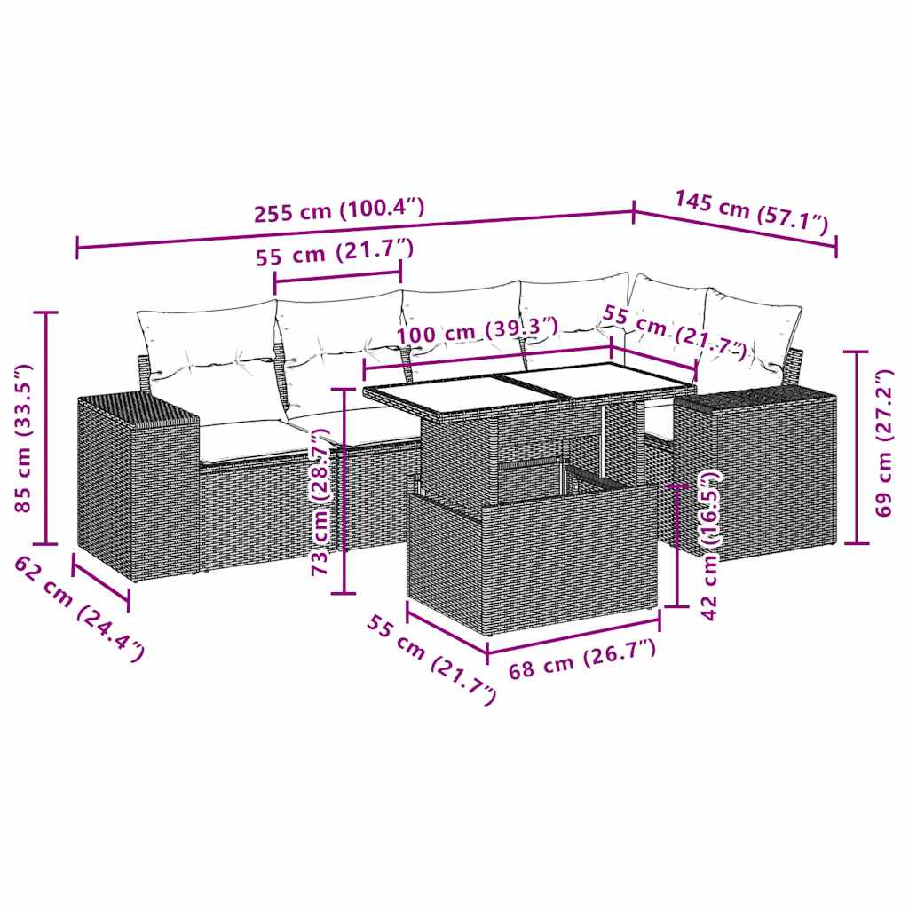 6 db szürke polyrattan kerti kanapégarnitúra párnákkal