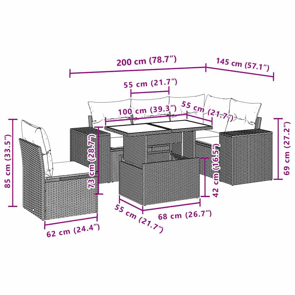 6 db szürke polyrattan kerti kanapégarnitúra párnákkal