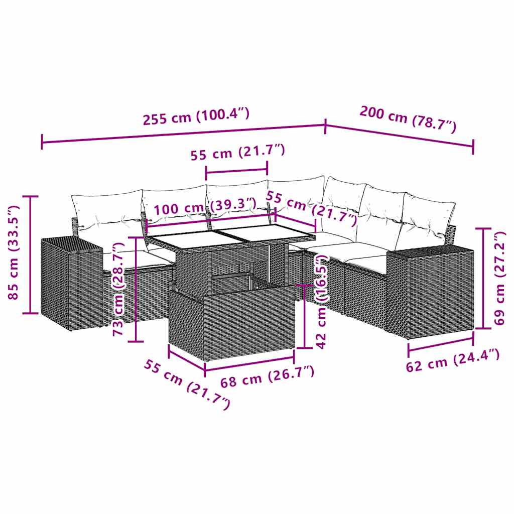 7 db szürke polyrattan kerti kanapégarnitúra párnákkal