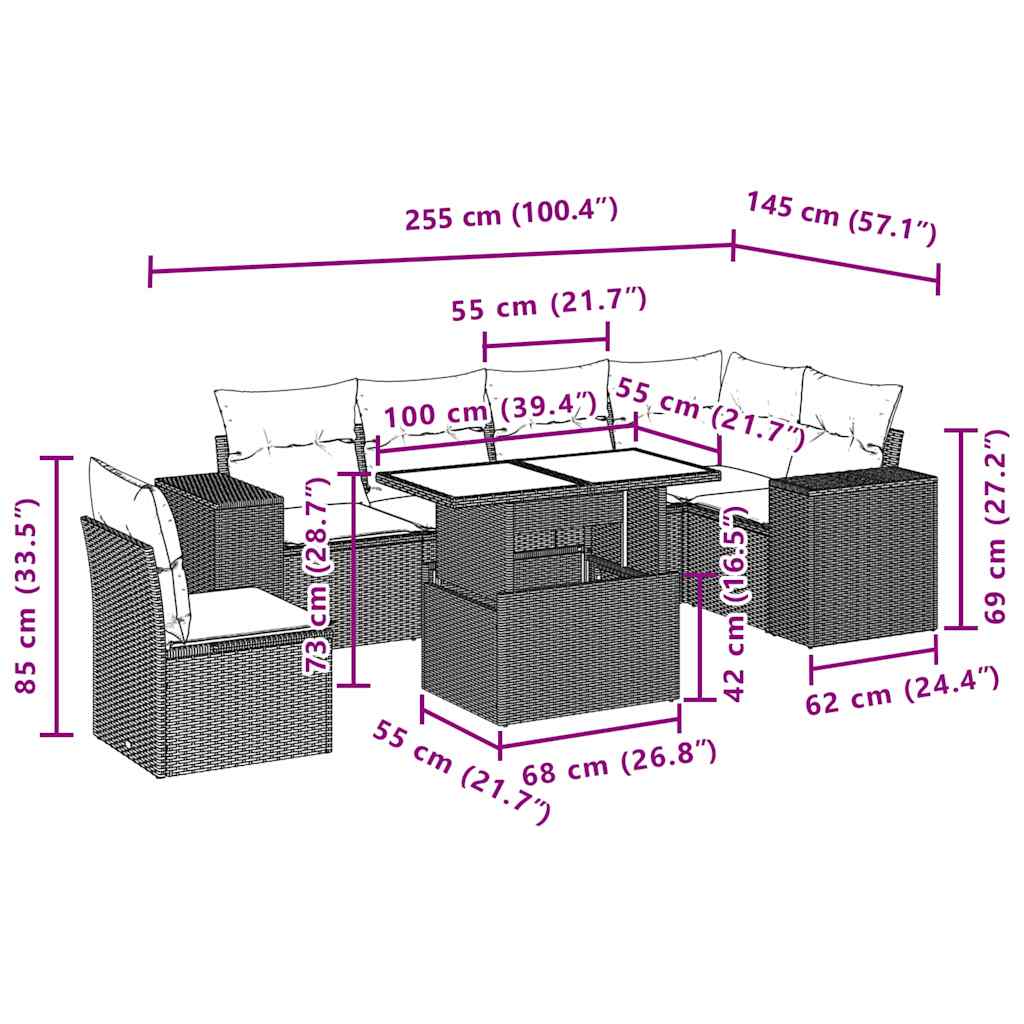 7 részes fekete polyrattan kerti ülőgarnitúra párnával