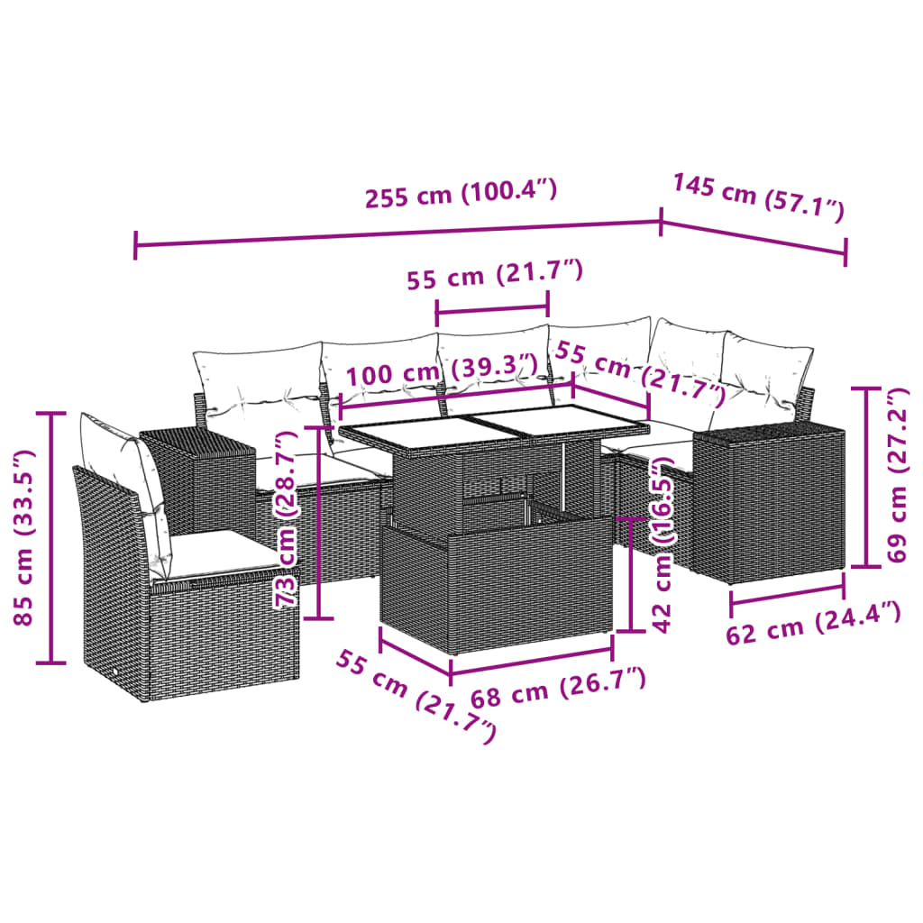 7 részes bézs polyrattan kerti ülőgarnitúra párnákkal