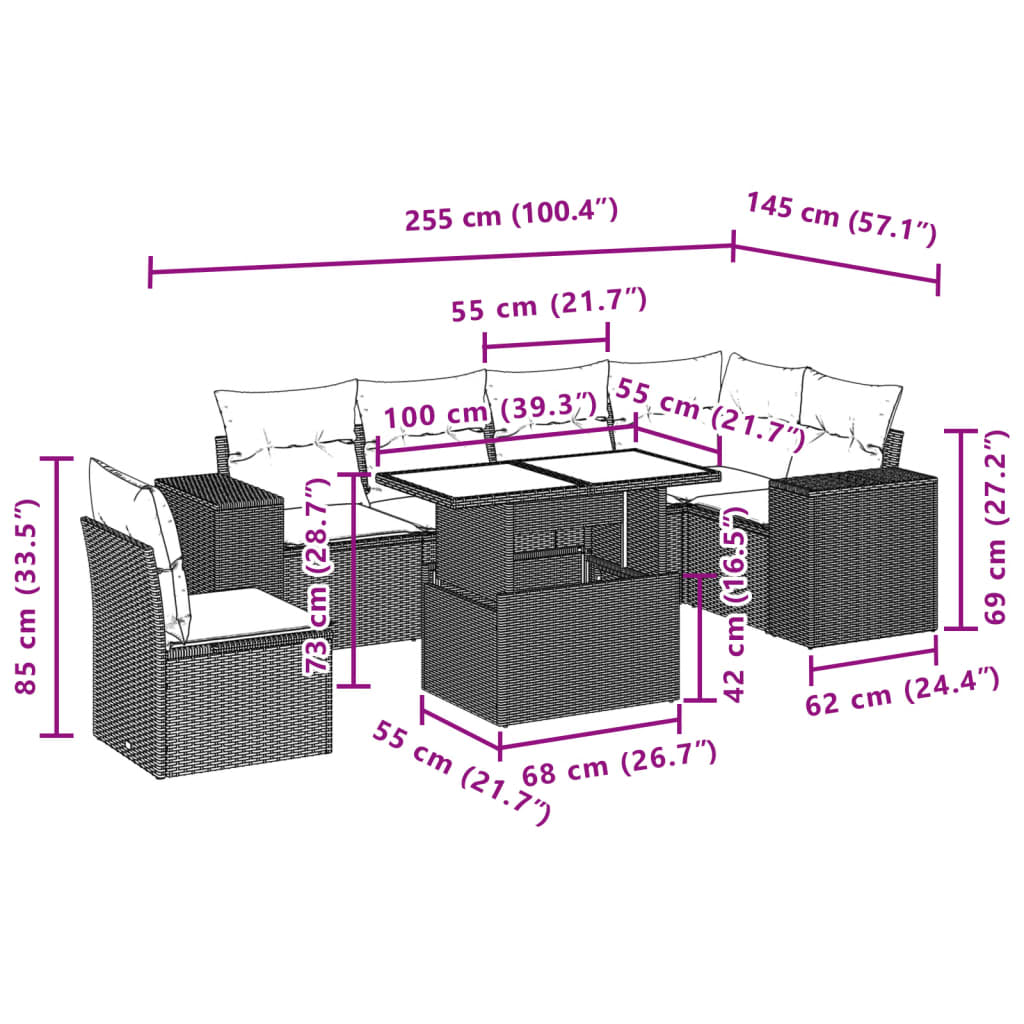 7 részes világosszürke polyrattan kerti ülőgarnitúra párnákkal