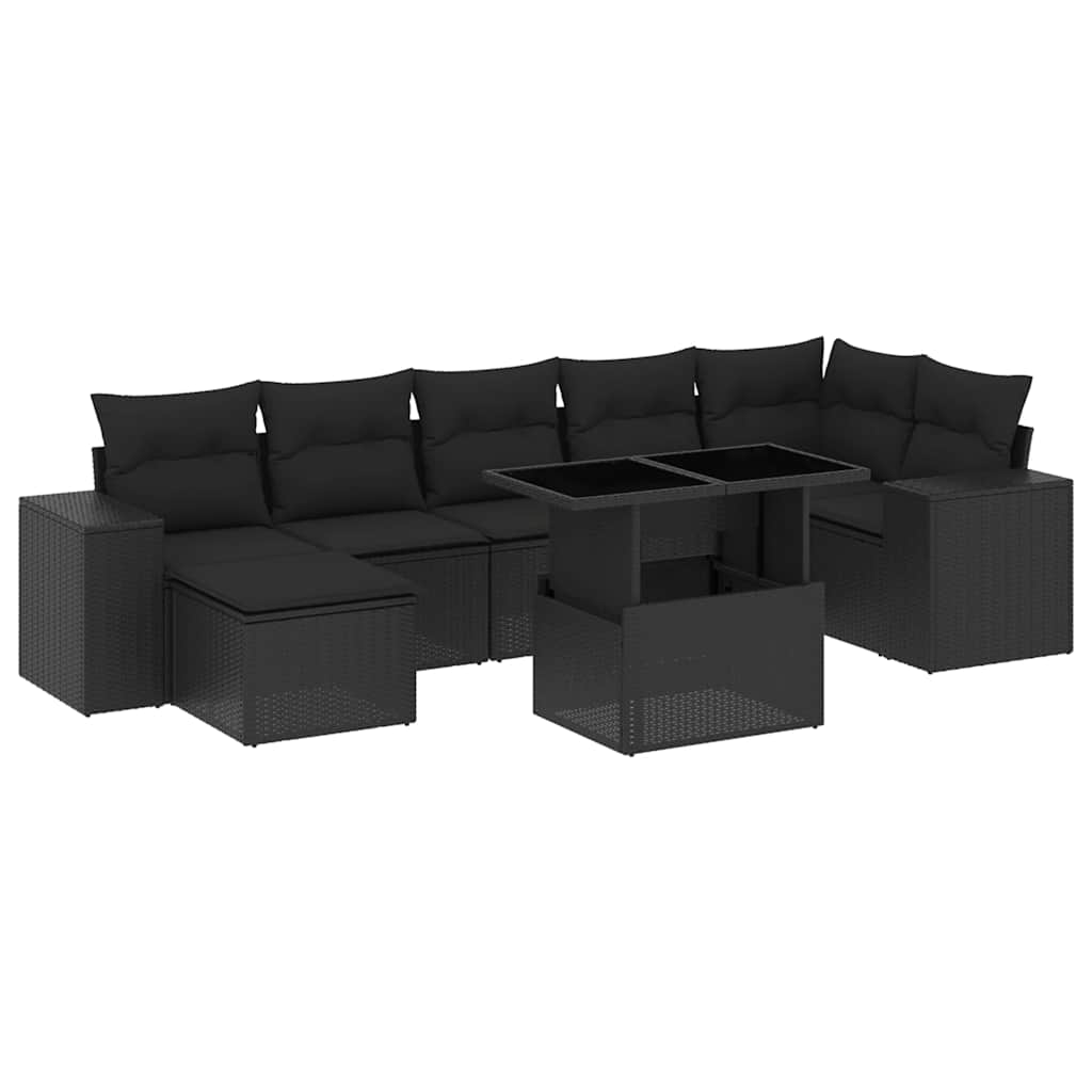 8 részes fekete polyrattan kerti ülőgarnitúra párnákkal
