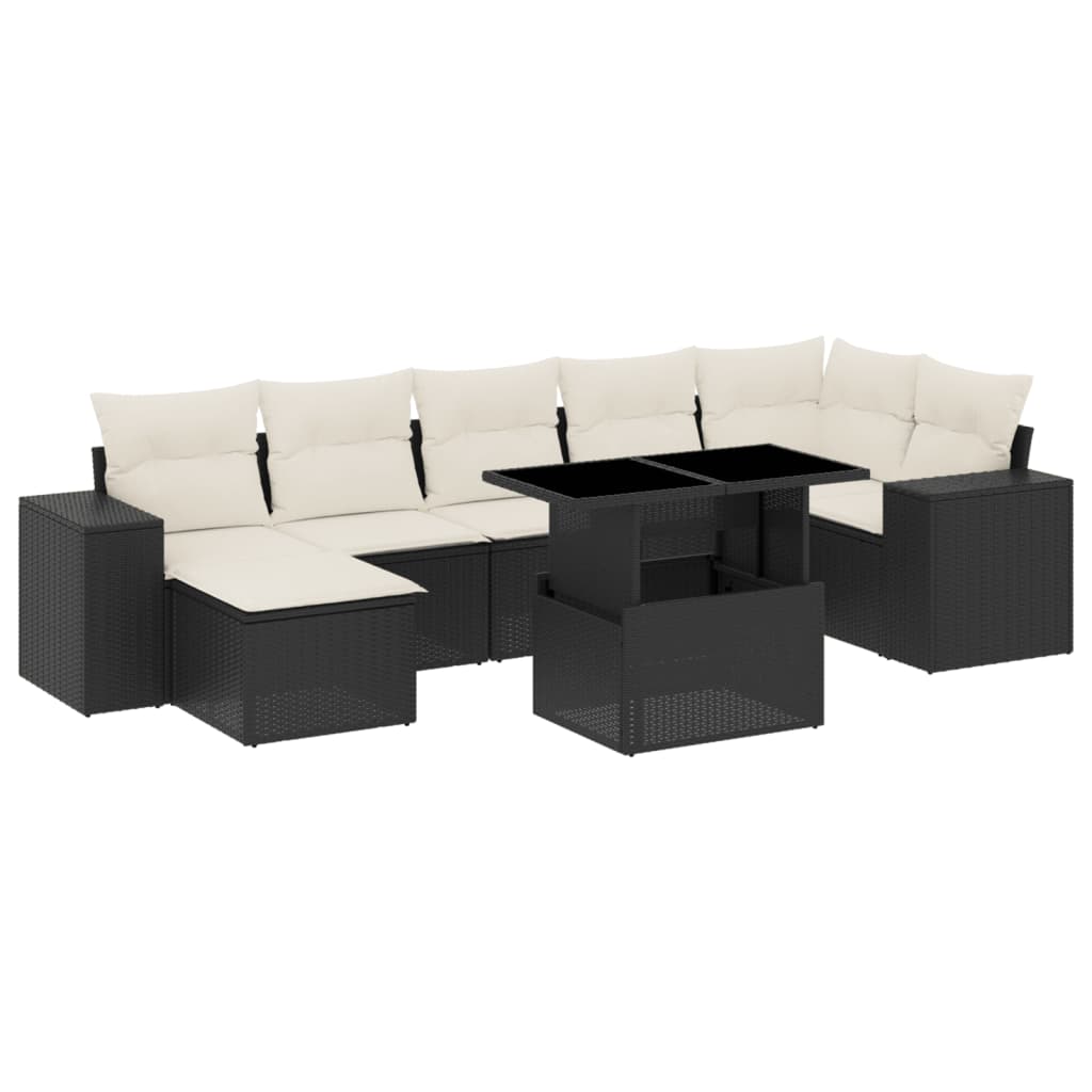 8 részes fekete polyrattan kerti ülőgarnitúra párnákkal