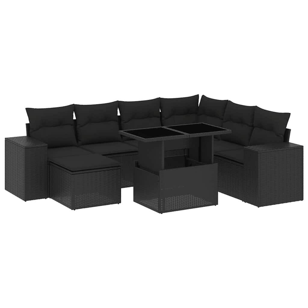 8 részes fekete polyrattan kerti ülőgarnitúra párnákkal