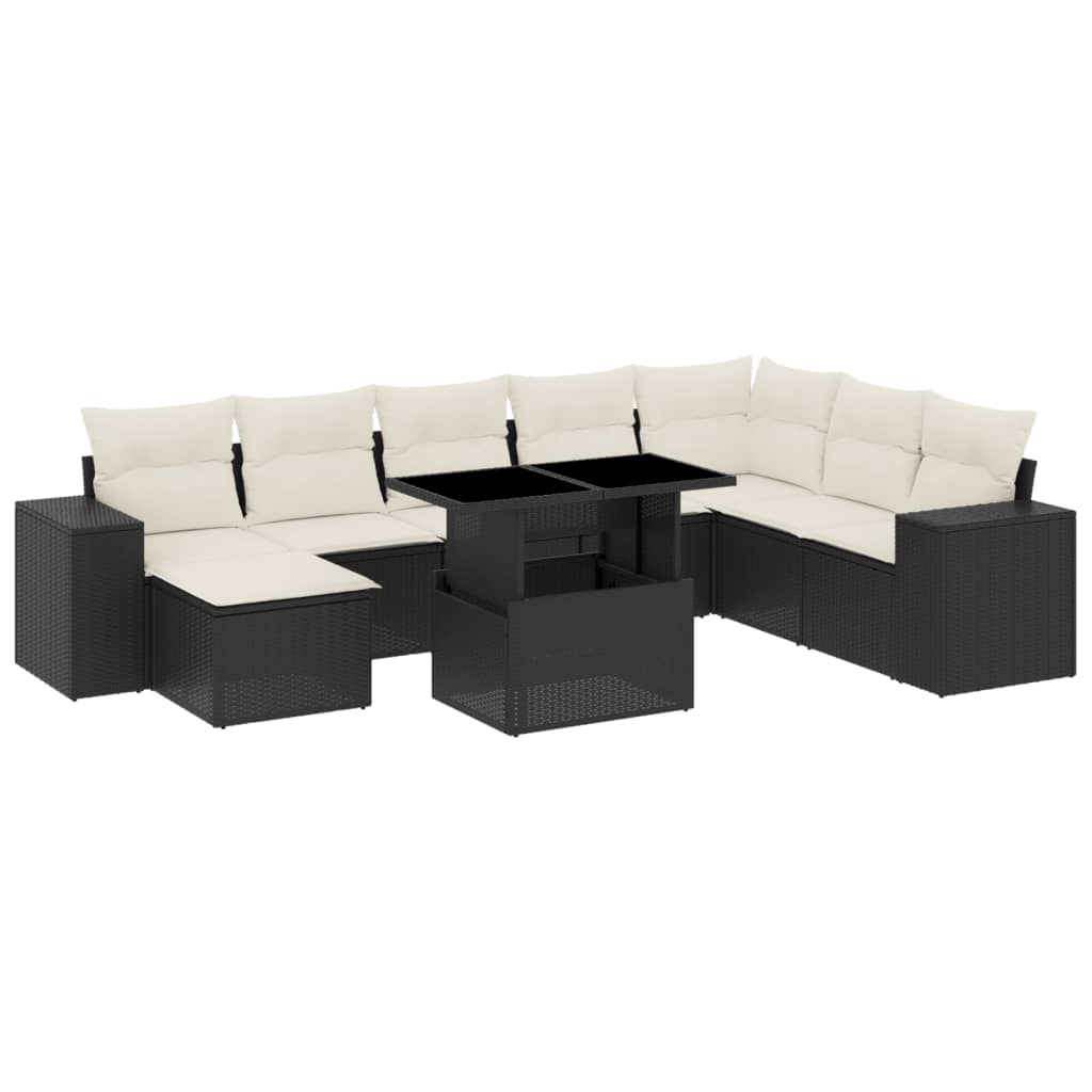 9 részes fekete polyrattan kerti ülőgarnitúra párnákkal