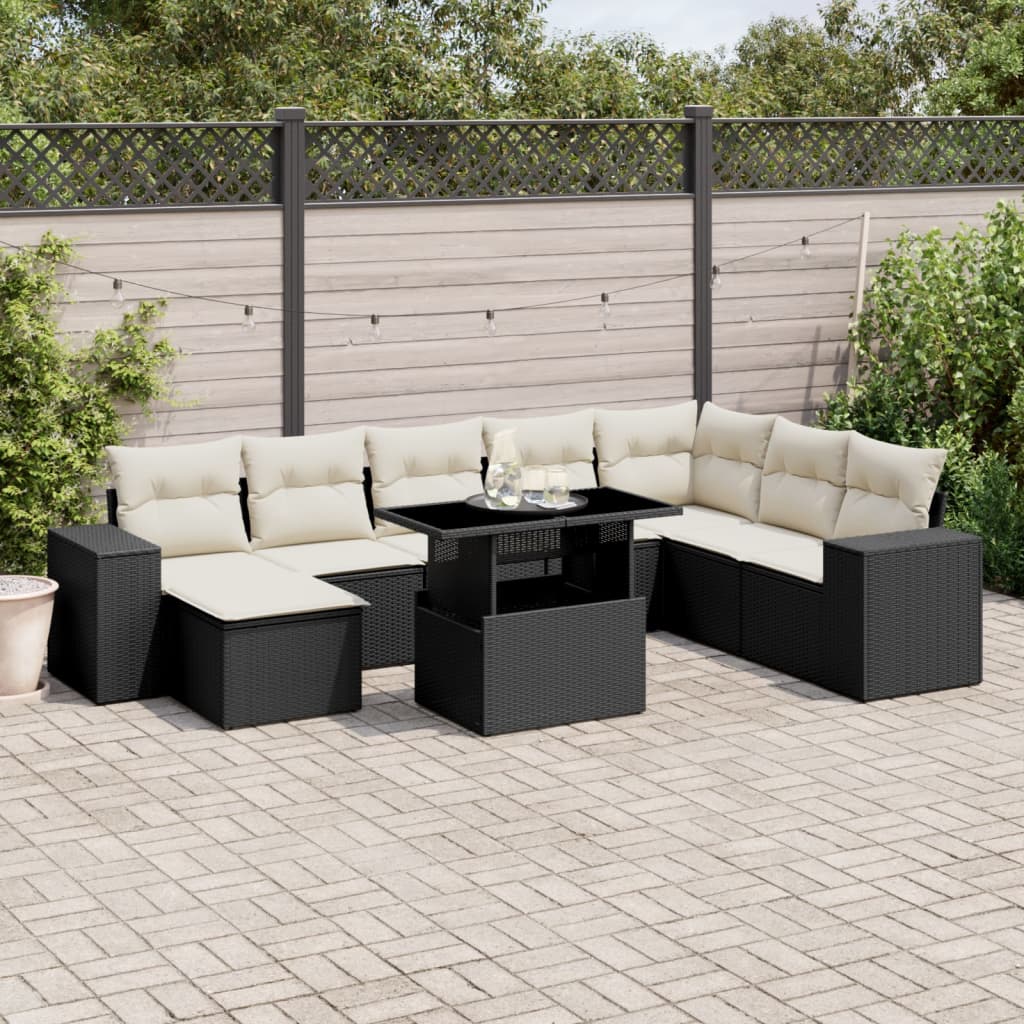 9 részes fekete polyrattan kerti ülőgarnitúra párnákkal