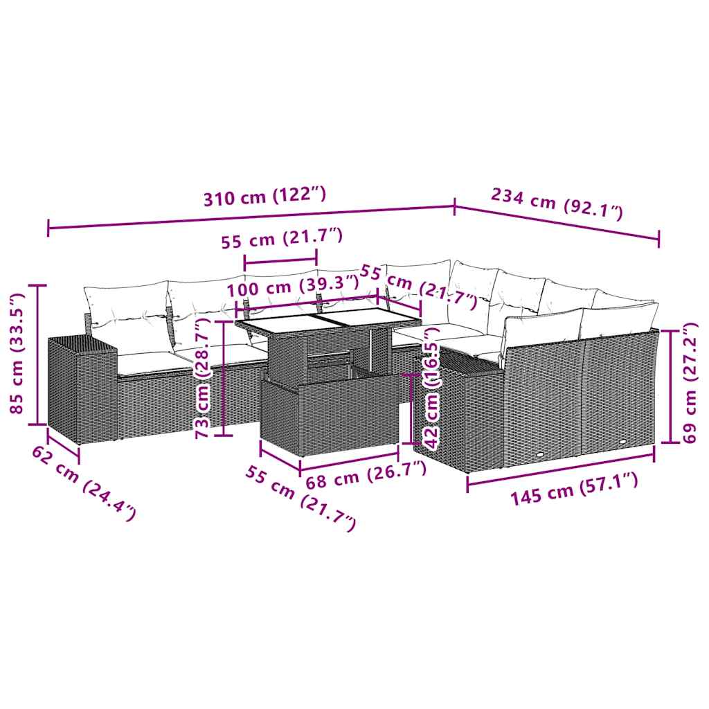 10 db szürke polyrattan kerti kanapégarnitúra párnákkal