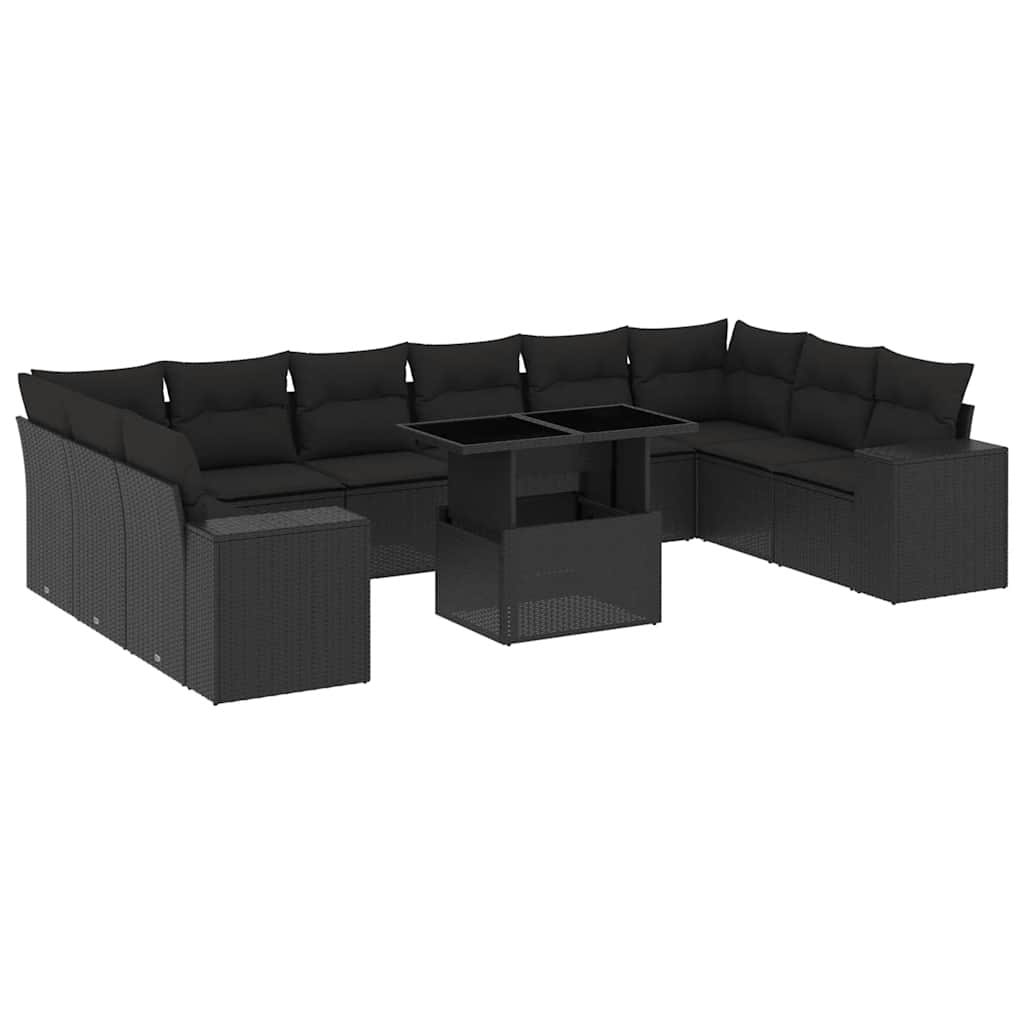 11 részes fekete polyrattan kerti ülőgarnitúra párnákkal