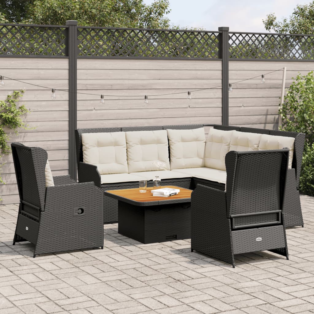 6 részes fekete polyrattan kerti ülőgarnitúra párnákkal