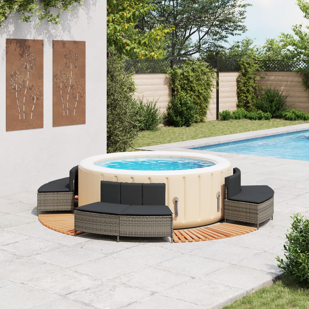 szürke polyrattan és tömör akácfa jakuzzi-keret