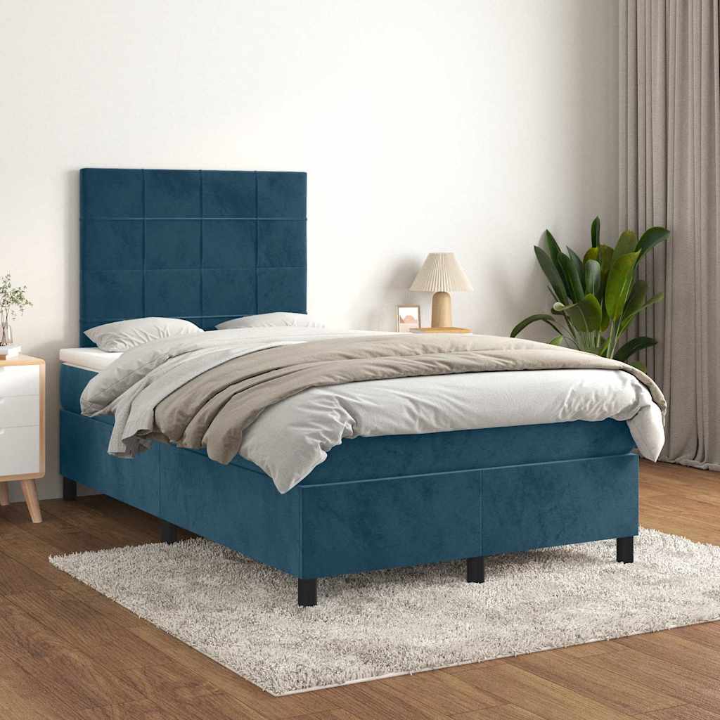 sötétkék bársony rugós ágy matraccal 120x190 cm