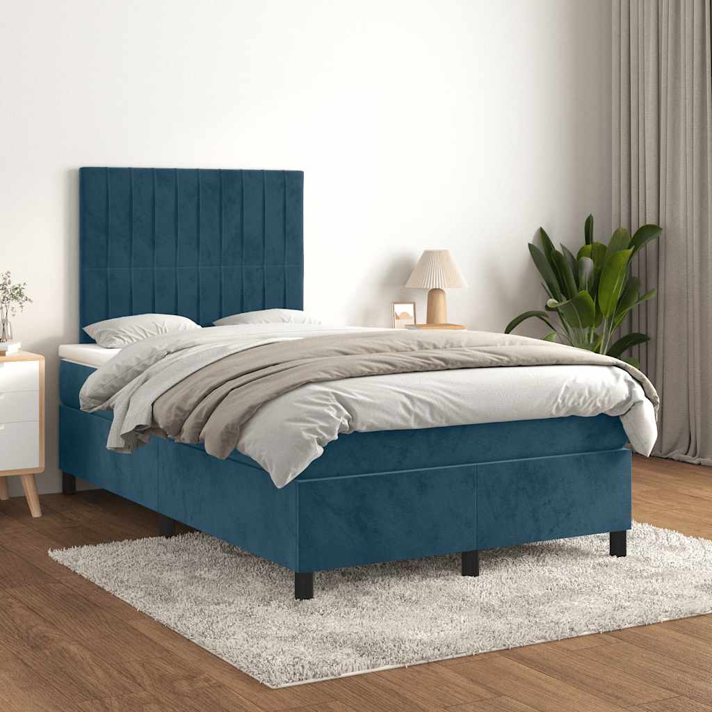 sötétkék bársony rugós ágy matraccal 120x190 cm