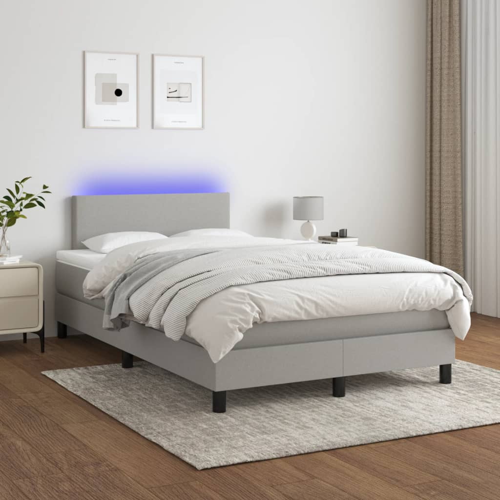 világosszürke szövet rugós és LED-es ágy matraccal 120x190 cm