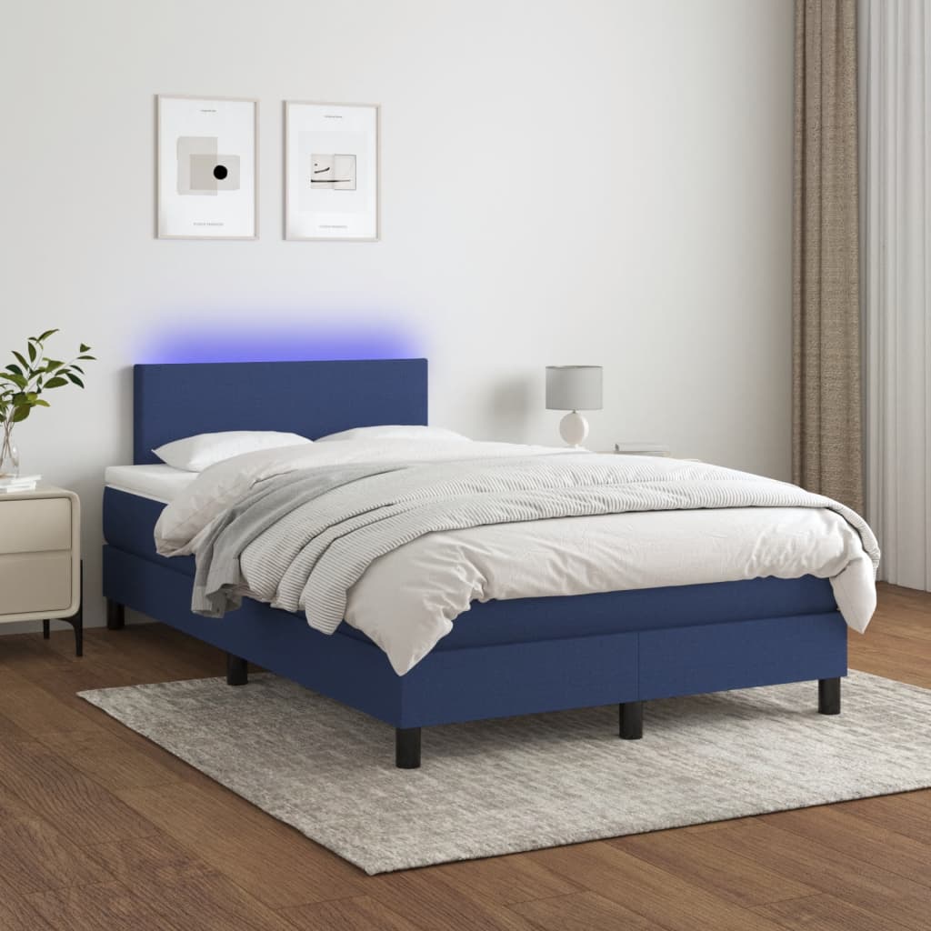 kék szövet rugós és LED-es ágy matraccal 120x190 cm
