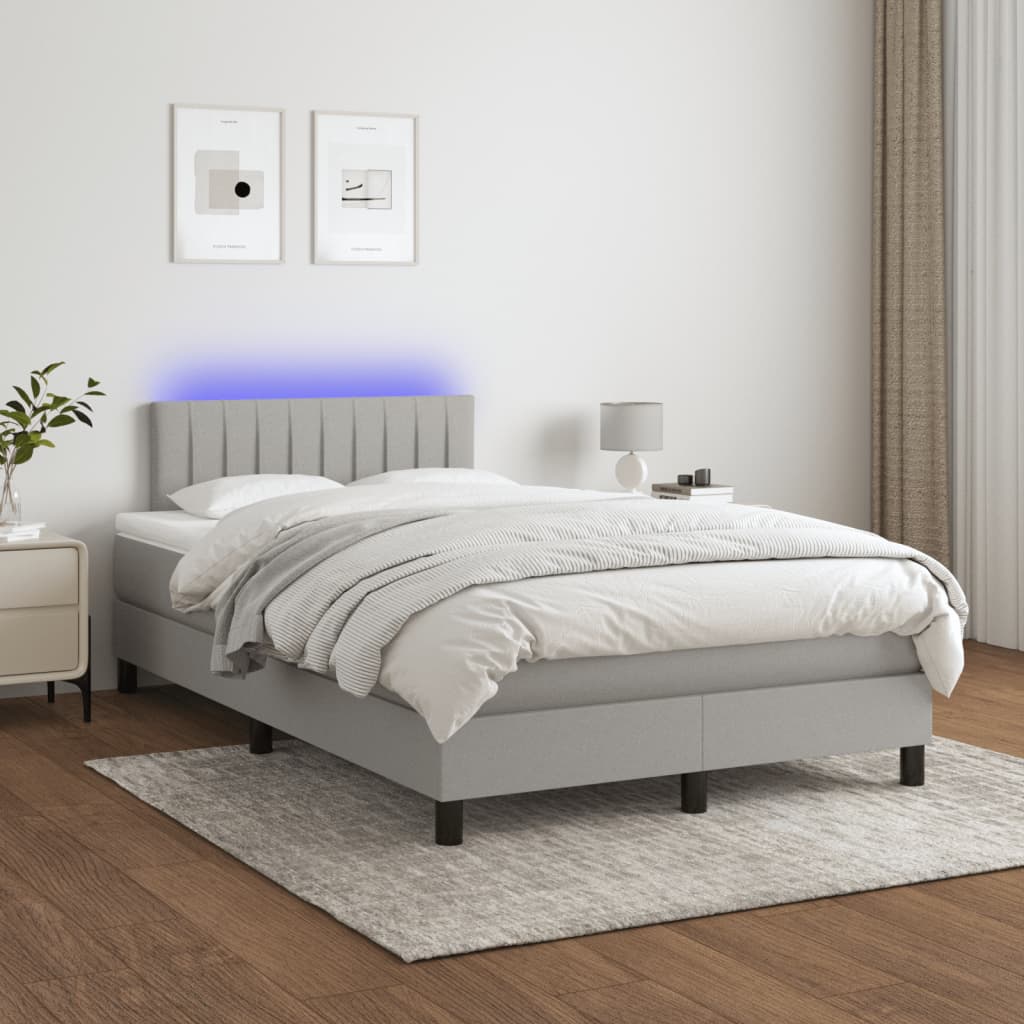 világosszürke szövet rugós és LED-es ágy matraccal 120x190 cm