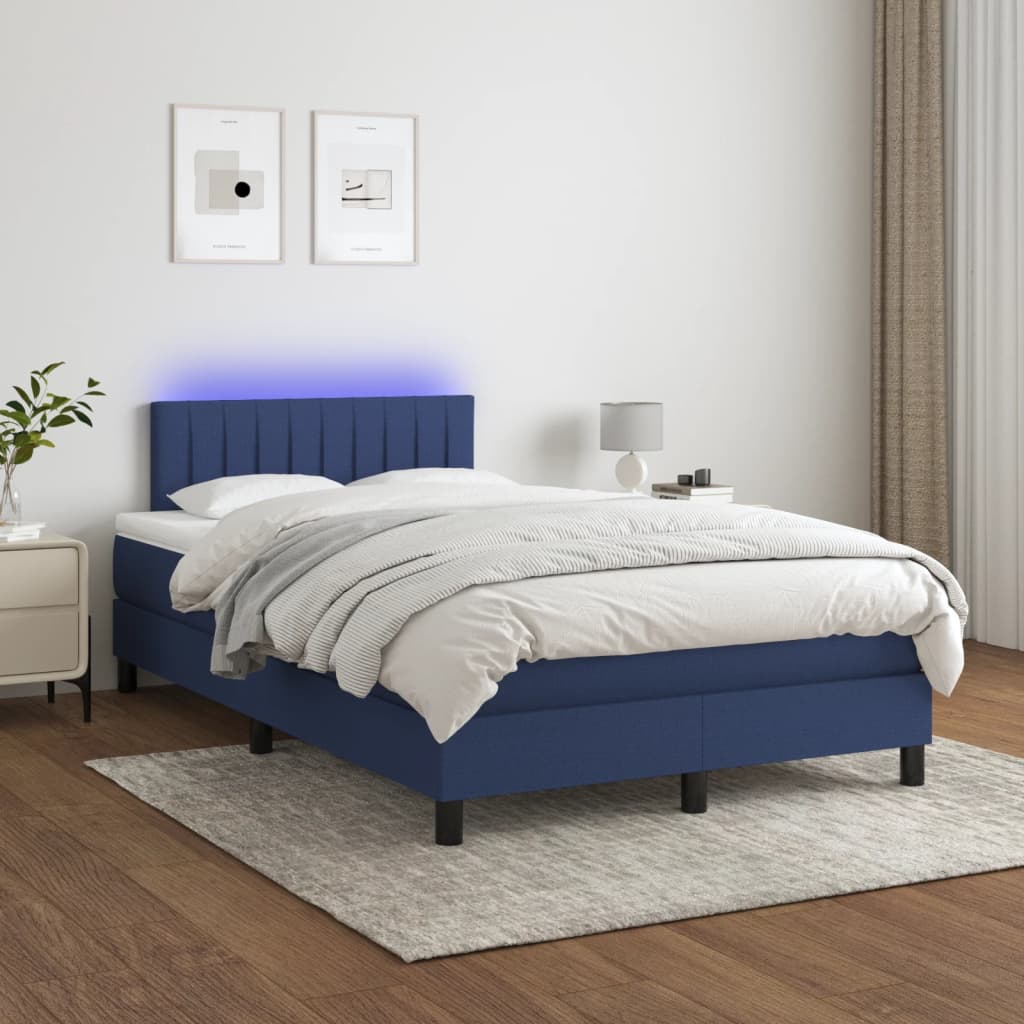 kék szövet rugós és LED-es ágy matraccal 120x190 cm