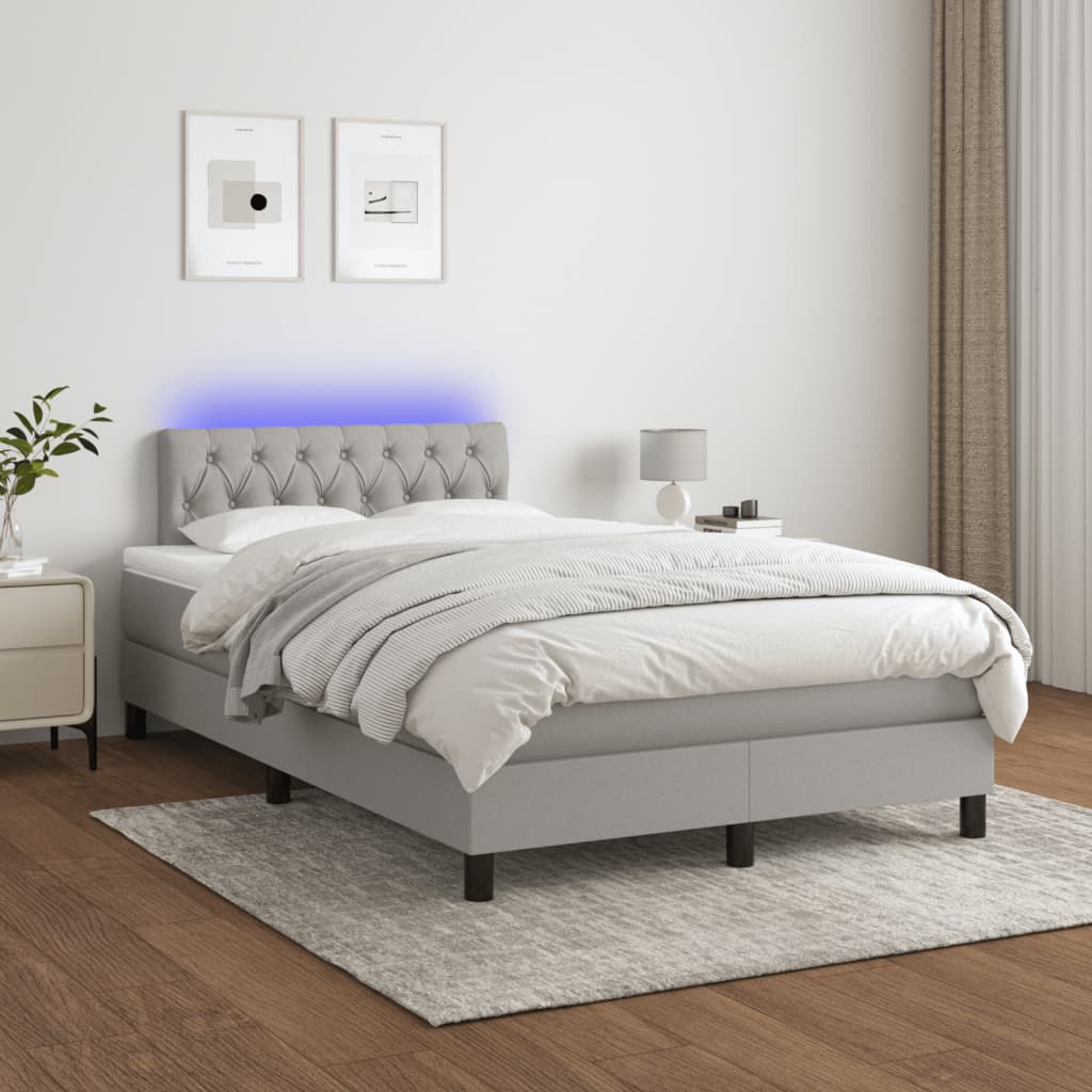 világosszürke szövet rugós és LED-es ágy matraccal 120x190 cm