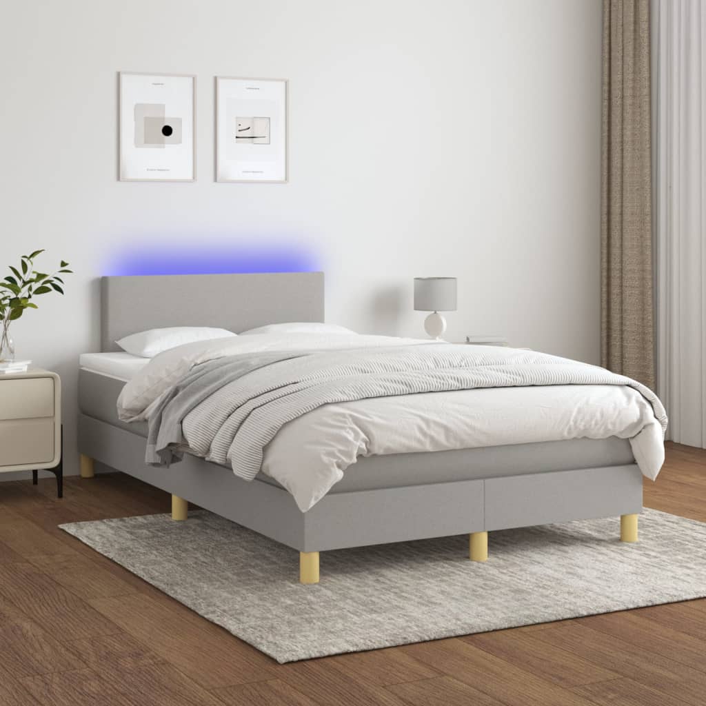világosszürke szövet rugós és LED-es ágy matraccal 120x190 cm