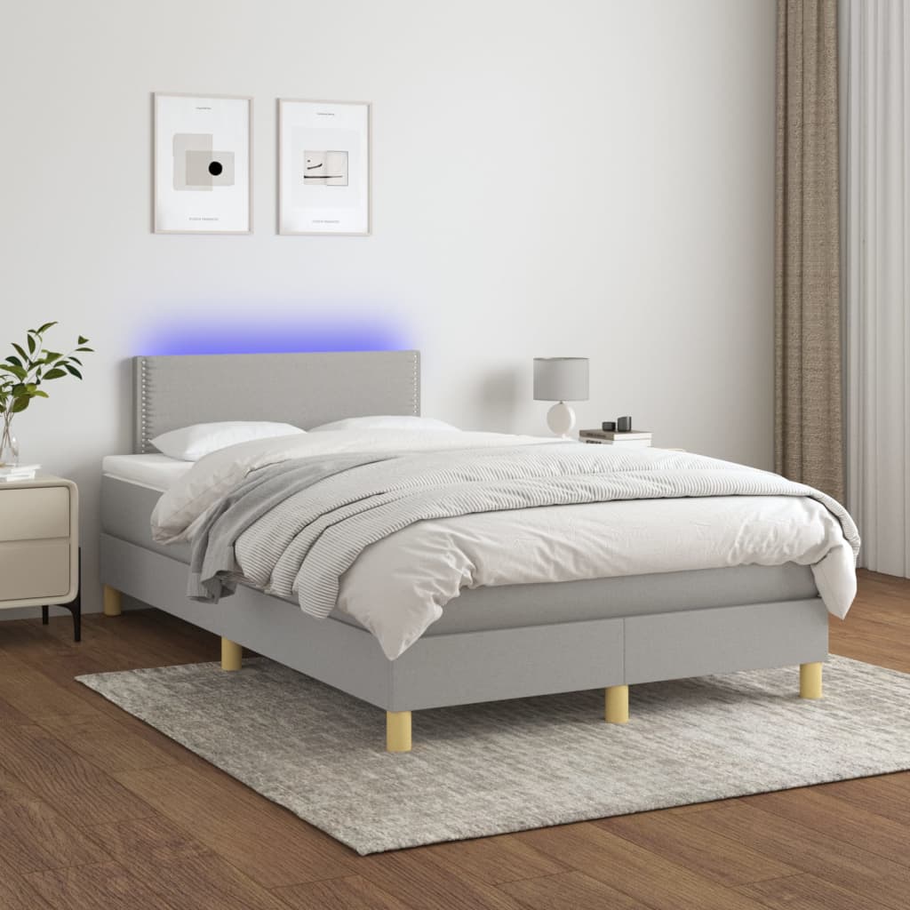 világosszürke szövet rugós és LED-es ágy matraccal 120x190 cm
